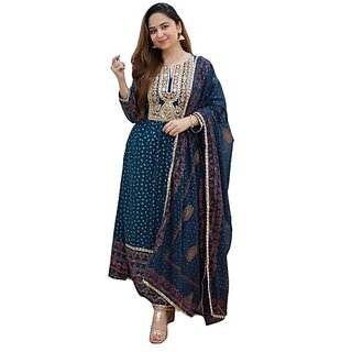                       Sita Devi And Sons Women's Heavy Embrodery Printed Kurti Long Rayon Kurti with Pant and Dupatta Set (X-Large, Blue)                                              