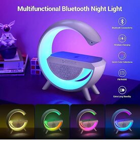 G Shape Rechargeable Multifunctional Bluetooth Speaker With 15w Wireless Charger Cum Color Changing Desk Lamp Luxurious