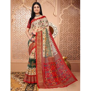                       Crem And Red Ekkat Cotton Printed Saree With Blouse                                              