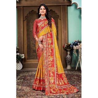                       Yellow And Red Animal Printed Silk Saree With Lace Border                                              