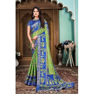                       Green And Blue Animal Printed Silk Saree With Lace Border                                              