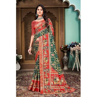                       Green And Red Animal Printed Silk Saree With Lace Border                                              