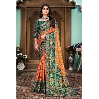                       Orange And Green Animal Printed Silk Saree With Lace Border                                              