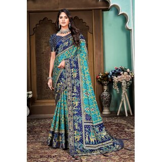                       Sky Blue And Blue Animal Printed Silk Saree With Lace Border                                              