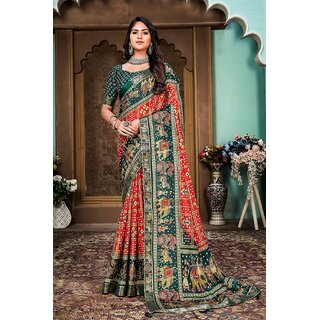                       Red And Green Animal Printed Silk Saree With Lace Border                                              