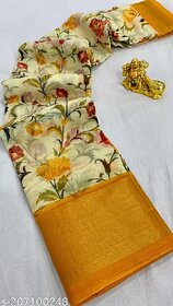 Yellow Colour Flower Printed Cotton Saree With Blouse Piece