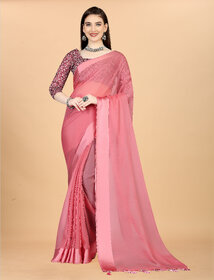 Pink Colour Chiffon Solid Printed Saree With Blouse Piece