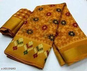 Yellow Colour Cotton Printed saree With Blouse Piece