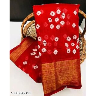                       Red Colour Bandhani Printed Cotton Silk Saree                                              