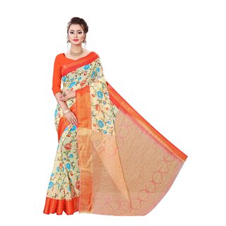                       Orange Colour Flower Printed Cotton Saree With Blouse Piece                                              