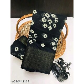                       Black Colour Bandhani Printed Cotton Silk Saree                                              