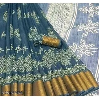                       Grey Colour Cotton Printed saree With Blouse Piece                                              