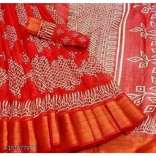                       Red Colour Flower Cotton Silk Saree With Blouse Piece                                              