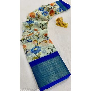                       Sky Blue Colour Flower Printed Cotton Saree With Blouse Piece                                              