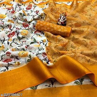                       Yellow Colour Flower Printed Cotton Saree With Blouse Piece                                              