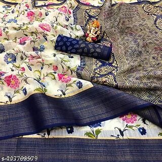                       Dark Blue Colour Flower Printed Cotton Saree With Blouse Piece                                              