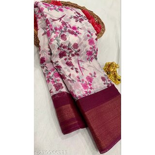                       Wine Colour Flower Cotton Silk Saree With Blouse Piece                                              