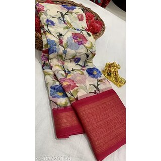 Red Colour Flower Printed Cotton Saree With Blouse Piece