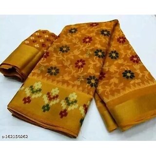                       Yellow Colour Cotton Printed saree With Blouse Piece                                              