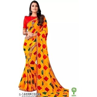                       Mustard Colour Foil Printed Saree With Blouse Printed                                              
