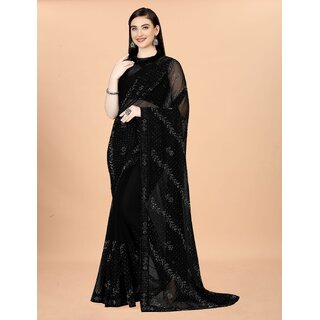                       Black Colour Simmer Silk Diamond Work Saree With Blouse Piece                                              