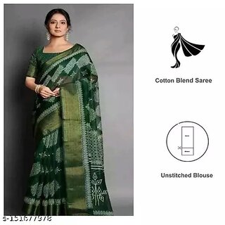                       Green Colour Cotton Printed saree With Blouse Piece                                              