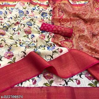                       Red Colour Flower Printed Cotton Saree With Blouse Piece                                              