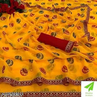                       Yellow Colour Foil Printed Saree With Blouse Printed                                              