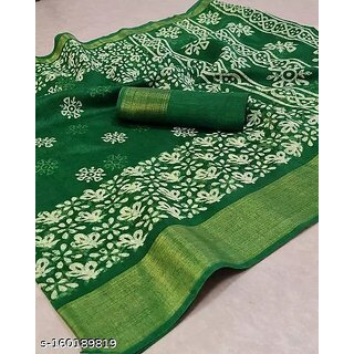                       Green  Colour Flower Cotton Silk Saree With Blouse Piece                                              