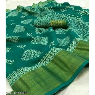                       Green Colour Cotton Printed saree With Blouse Piece                                              