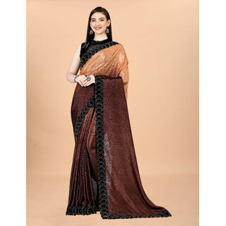                       Brown And Orange Colour Chinon Silk Saree With Lace                                              