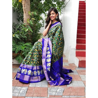                      Green Colour Ikkat Designer Printed saree                                              