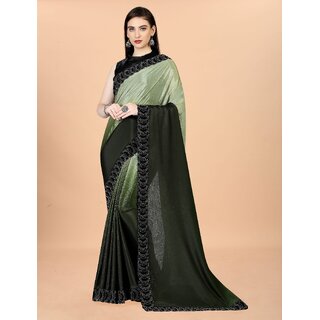                       Dark Green And Green  Colour Chinon Silk Saree With Lace                                              