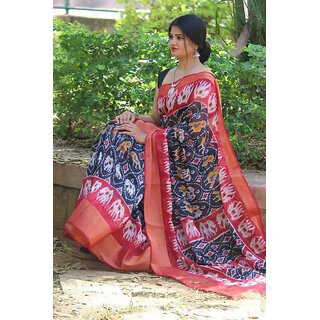                       Black And Red Animal Printed Ikkat Designer Printed Saree                                              