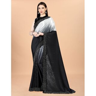                       Black And White  Colour Chinon Silk Saree With Lace                                              
