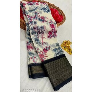                       Black Colour Flower Cotton Silk Saree With Blouse Piece                                              