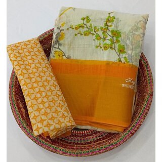 Yellow Flower Printed Cotton Silk Zari Border Saree With Blouse Piece