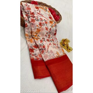 Red Colour Flower Cotton Silk Saree With Blouse Piece