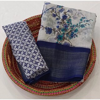                       Blue Flower Printed Cotton Silk Zari Border Saree With Blouse Piece                                              