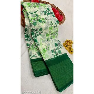                       Green Colour Flower Cotton Silk Saree With Blouse Piece                                              