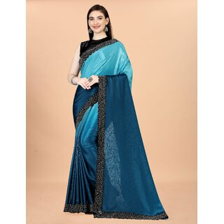                       Blue And Sky Bue  Colour Chinon Silk Saree With Lace                                              