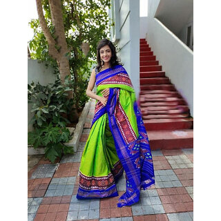                       Green And Blue Colour Ikkat Designer Printed saree                                              