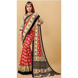                       Red Colour Printed Saree With Blouse Piece                                              
