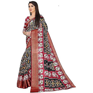                       Black Animal Printed Ikkat Designer Printed Saree                                              