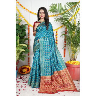                       Sky Blue Colour Banarasi Silk Saree With Blouse Piece                                              