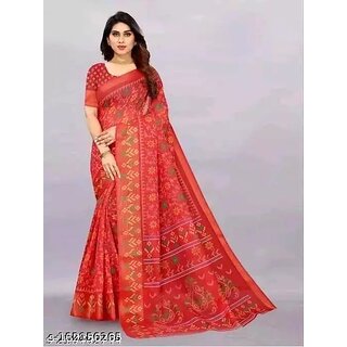 Red Colour Cotton Printed Saree With Blouse Piece