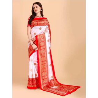                       White And Red Colour  Art Silk Printed Saree                                              