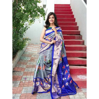                       Grey Checked Printed Ikkat Printed Saree                                              