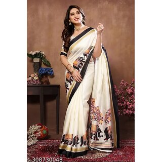 White Colour Khadi Silk Saree With Blouse Piece