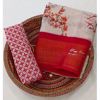                       Red Flower Printed Cotton Silk Zari Border Saree With Blouse Piece                                              